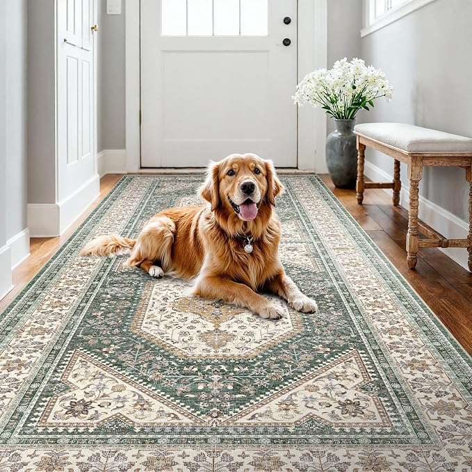 4x8 Runner Rug for Hallway Washable: Non Slip Kitchen Rugs with Rubber Backing Soft Waterproof Wide Mats Stain Resistant Low Pile Carpet for Entryway Bedroom Bathroom Laundry Home Decor Green/Beige
