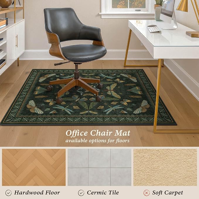 3'x4' Dark Green Office Chair Mat for Hardwood Floors, Insect Boho Design,Non-Slip Low Pile Desk Rug, 36"x48" Small Area Rug for Computer Desk Home Office, Machine Washable WFH Essential for Dorm Room