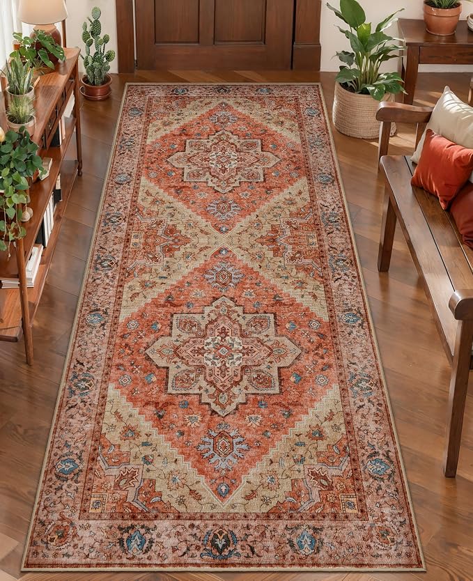 Tangsoo 2x5 Washable Runner Rug for Hallways, Non Slip Vintage Runner Rug, Boho Soft Low Pile Long Rug Runner, Print Oriental Carpet Runners for Kitchen Bedroom Entryway Bathroom Living Room