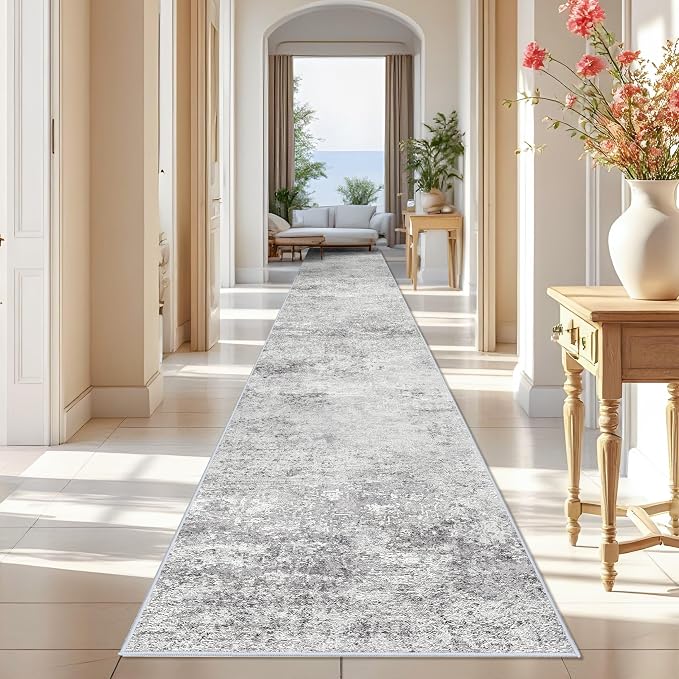 Washable 3x25 Runner Rug Hallway - Abstract Runner Rugs for Living Room Stain Resistant Entryway Indoor Carpet for Kitchen Bedroom Non Slip Rubber Backing Ultra Thin Soft Floor Decor Mat 3x25 Grey