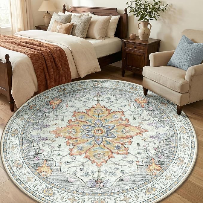 RELEANY Area Rugs Round 6ft Washable Non-Slip, Floral Vintage Distress Medallion Carpet for Living Room Bedroom Dining Room, Beige Carbon Grey Orange