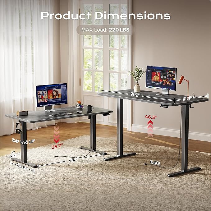 Huuger Electric Standing Desk with Power Outlets and USB-C Port, 55 X 24 Inch Height Adjustable Desk, Sit Stand Desk for Home Office, Computer & Gaming Desk with 4 Presets, Stable Steel Frame, Grey