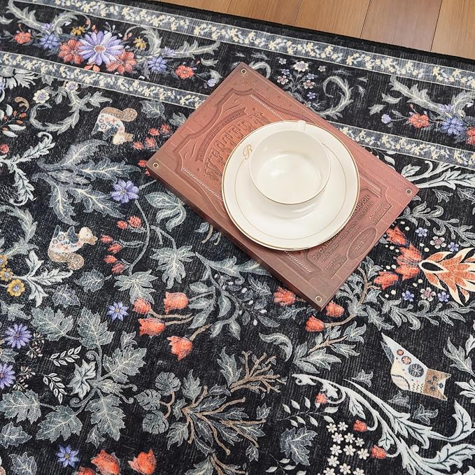 3x10 Botanical Hallway Runner Rug - Non-Slip Washable Long Kitchen Entryway Carpet Runner with Rubber Backing, Boho Floral Soft Low Pile Stain-Resistant (Vibrant Black)