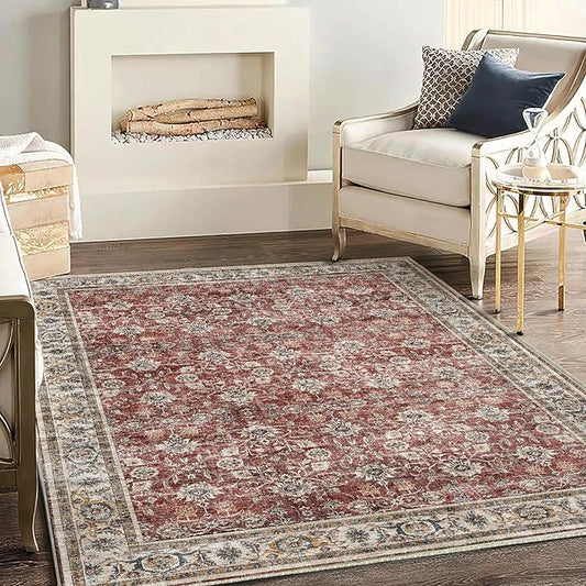 Washable Area Rug 4'x6' Traditional Floor Cover Foldable Thin Rugs Retro Kitchen Indoor Distressed Non Slip Carpet Floral Print Mat Bedroom Living Room
