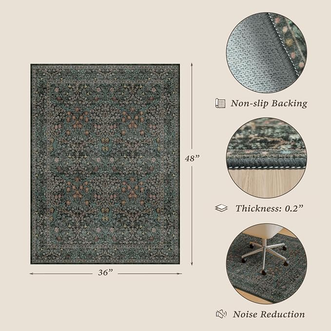 Vintage Floral Dark Green Office Chair Mat for Hardwood & Tile Floor, 3x4 Non-Slip Ultra Soft Low Pile Under Desk Rug, Floor Protector for Heavy Duty Office Chair, Stain Resistant, Easy to Clean