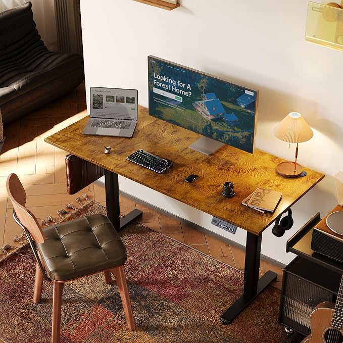 INNOVAR Electric Standing Desk, Adjustable Height Stand up Desks, 55 x 24 Inches Sit Stand up Desk for Home Office Computing, 3-Preset Memory Height Ergonomic Rising Desks, Rustic Brown