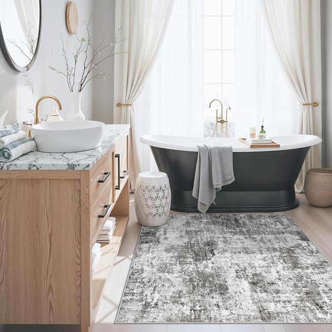 4x4 Square Entryway Rug Washable – Non-Slip Small Area Rug for Kitchen or Bathroom, Soft Low-Pile Indoor Mat, Modern Abstract Thin Door Carpet (Grey)