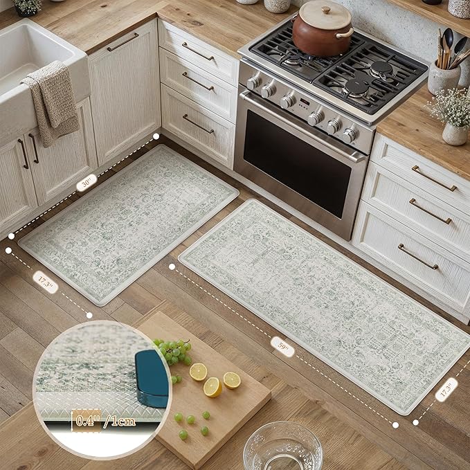 Kitchen Mats 2PCS Anti Fatigue Cushioned Mat Light Green Vintage Kitchen Mats for Floor Waterproof Non Slip Comfort Standing Retro Floral Rug for Sink Laundry Office 17.3"x59"+17.3"x30"