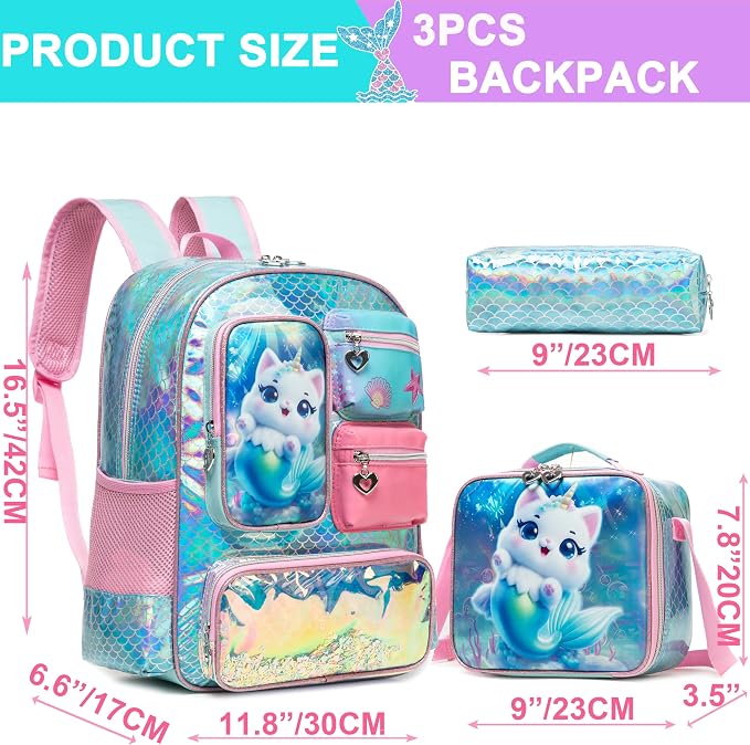 Meetbelify Cute Cat Backpack for Girls Backpack with Lunch Box Pencil Case for Elementary Student Kids School Bag for Girls Ages 6-8 Years Old