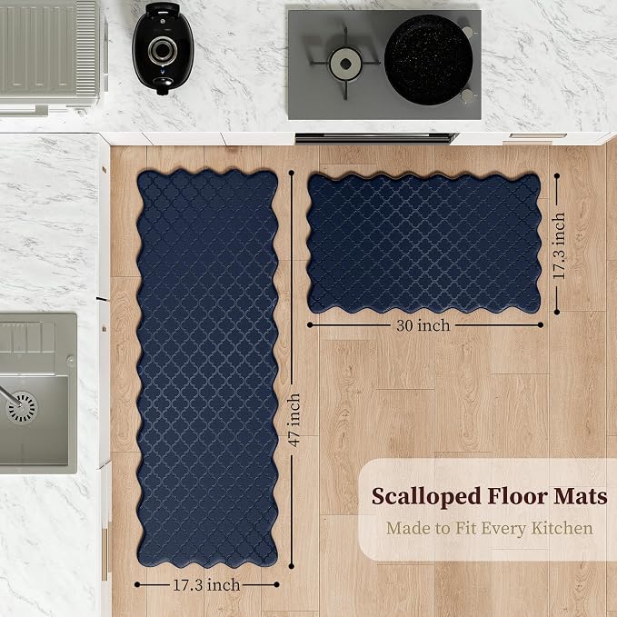Arenarug Upgrade Scalloped Embossed Kitchen Mats for Floor 2PCS Cushioned Anti Fatigue Waterproof Foam Kitchen Rugs Non Slip Washable Comfort Standing Mat for Sink Laundry, 17.3"x30"+17.3"x59", Navy