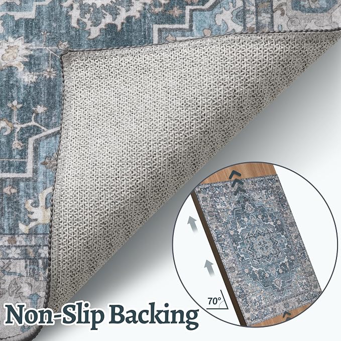 Tangsoo Vintage Small Area Rugs for Entryway, Non Slip 2x3 Washable Rug Farmhouse Indoor Front Door Rug, Oriental Print Door Mat Small Carpet, Soft Low Pile Rugs for Entrance Kitchen Bedroom Blue Gray