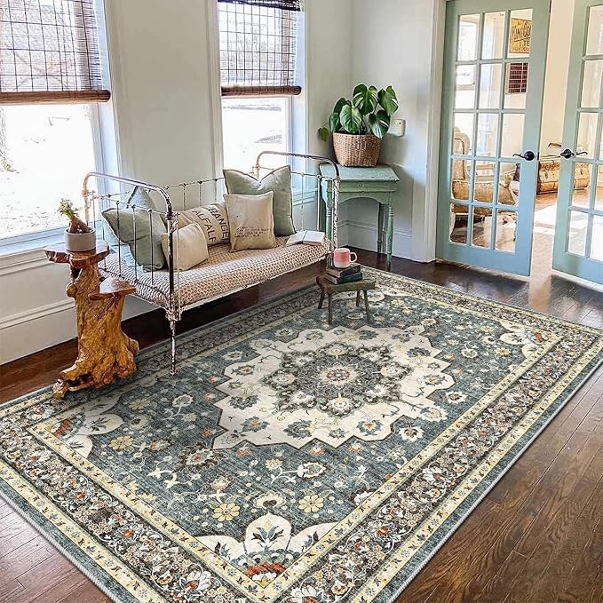 TOPRUUG Washable Oriental Area Rug - 5x8 Rugs for Living Room Soft Carpet for Bedroom Waterproof Floral Distressed Indoor Stain Resistant Non-Shedding Floor Carpets (Blue, 5x8)