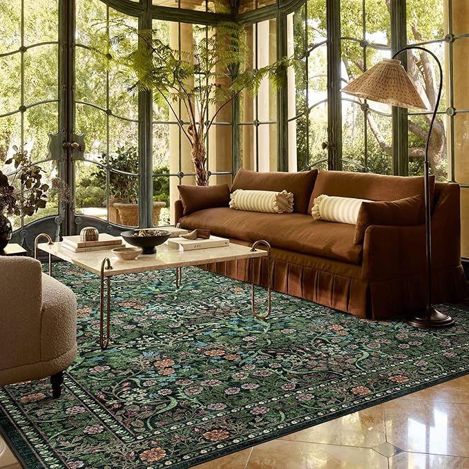Moss Green 9x9 Square Rug - Soft Washable Boho Floral Living Room Rug Non Slip Stain Resistant Vintage Retro Dark 9' Square Area Rugs for Bedroom Guest Room Dining Room Rugs for Under Table