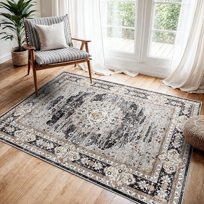 Washable 3x4 Area Rug for Entryway - Bedroom Rugs with Non Slip Rubber Backing for Kitchen Bathroom Indoor Soft Stain Resistant Carpet Rug for Pet Feeding Area and Distressed Floor Decor Black/Gray