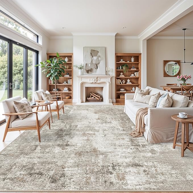 11x14 Area Rug for Living Room Washable – Large Neutral Room Size Bedroom Dining Room Rug Soft Low-Pile Modern Abstract Oversized Indoor Carpet – Non-Slip Stain-Resistant (Beige Grey)