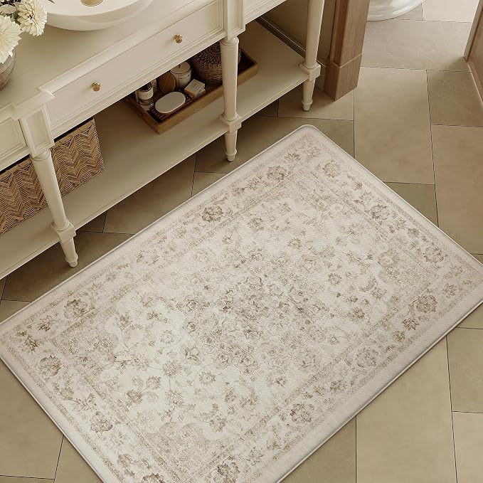 Anti Fatigue Kitchen Mats 2PCS Beige Neutral Mats for Cushioned Vintage Kitchen Matss for Floor Non-Slip Waterproof Comfort Standing Rug for Sink Laundry Office 17.3"×59"+17.3"×30"