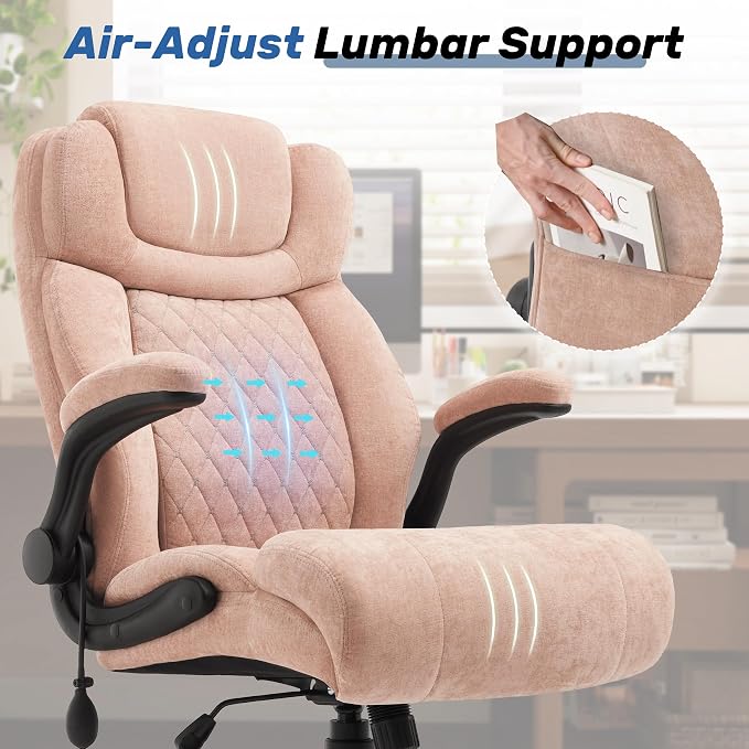 550LBS Big and Tall Office Chair, Comfy Heavy Duty Executive Chair with Adjustable Lumbar Support Double Spaces Casters, Fabric Extra Wide Seat Ergonomic Computer Desk Chair for Back Pain,Pinkcloth