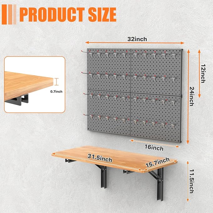 TORACK Heavy Duty Wall Mounted Folding Workbench with Pegboard Kit, Space-Saving Collapsible Wall Table/Desk for Garage Workshop, Holds Up to 150 lbs(Board Size: 31.5 x 15.75 in)