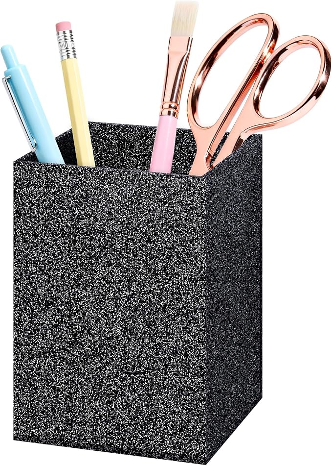 Acrylic Pen Holder Desk Organizer for Office, Black Glitter | Sparkling glitter acrylic makeup brush and pencil holder for desk, Modern desktop organizer for home, school and office