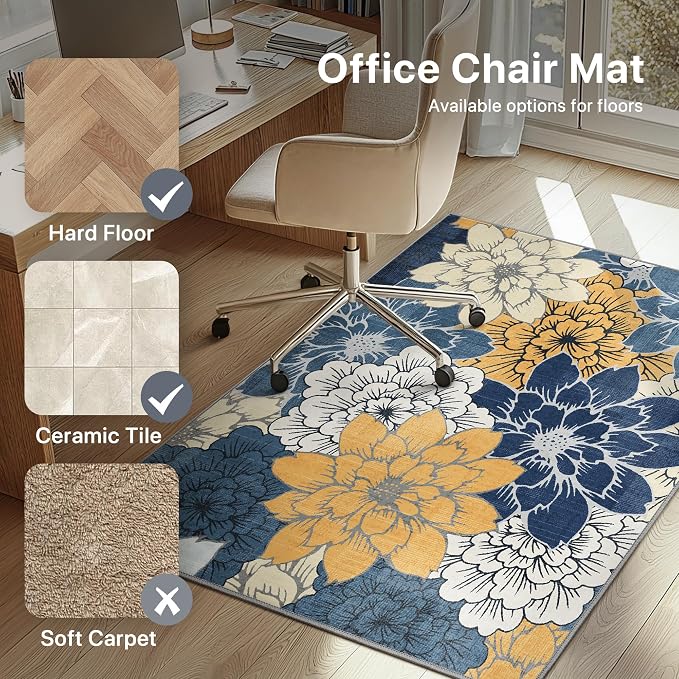 48"x60" Office Chair Mat for Hardwood Tile Floor, Under Desk Carpet Protector for Rolling Computer Chair Mat, Machine Washable Area Rug, Anti-Slip 1/5" Thick Low Pile Thin Vinyl Floor Mat, Navy Yellow