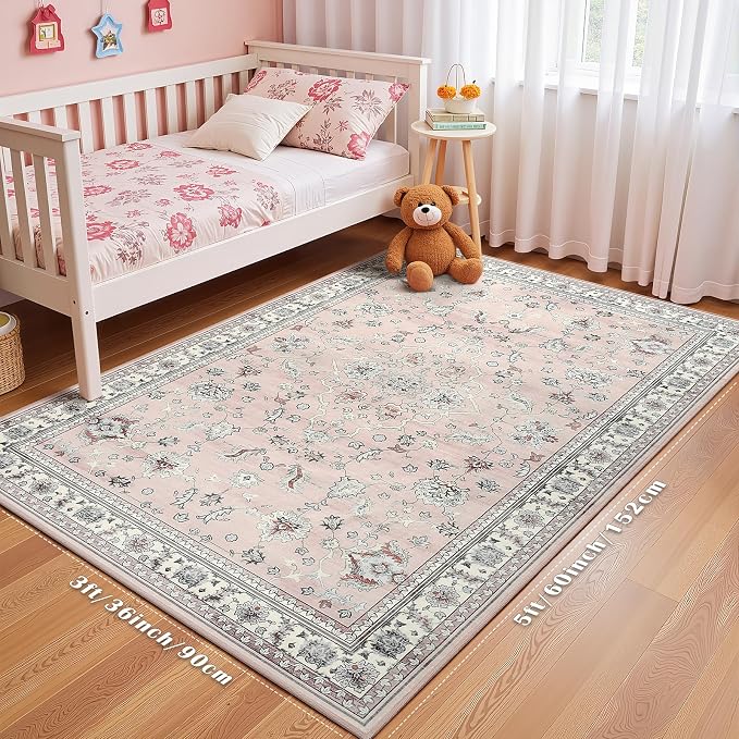 Light Pink Washable Boho Area Rug for Girls Bedroom, 3x5 Vintage Floral Non Slip Living Room Rugs, Wool Low Pile Indoor Mat, Aesthetic Pattern Carpet for Kids Room, Kitchen and Bedside