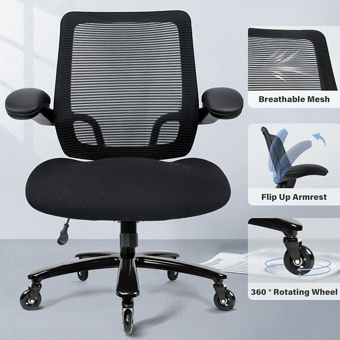 Kassipo 500LBS Big and Tall Office Chair with Flip-Up Armrests, Heavy Duty Office Chair for Heavy People, Memory Foam Seat Filling Springs, Black