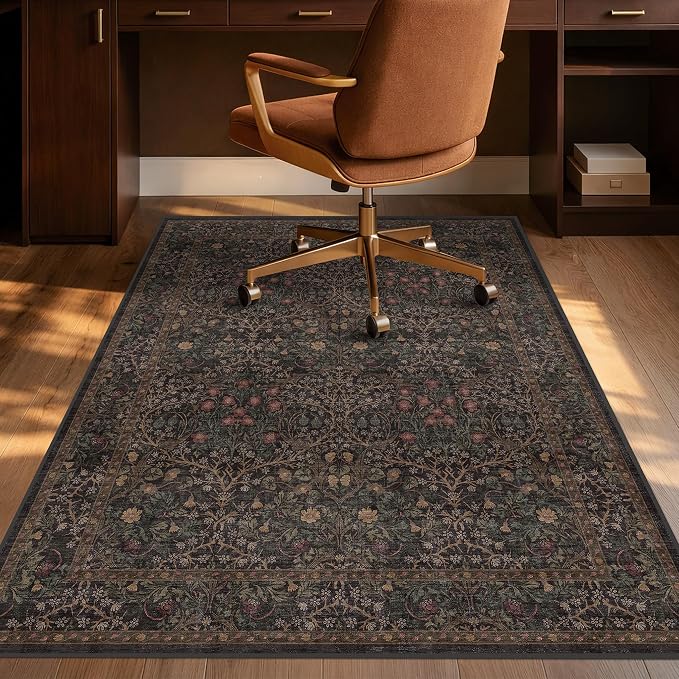 Taupe Brown Office Chair Mat for Hard Wood & Tile Floors, 48x60 Non-Slip Low Pile Under Desk Rug, Washable Floor Protector for Heavy Duty Office Chair, Vintage Traditional Dark Neutral Floral Décor