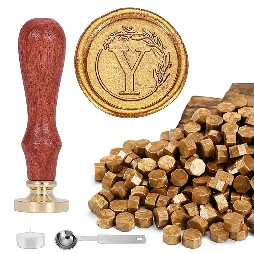 Yoption Letter Wax Seal Stamp Kit, Vintage Initial Alphabet Y with Wreath Stamp and 120 Antique Gold Wax Seal Beads for Wedding Invitation Christmas Gift Wrapping