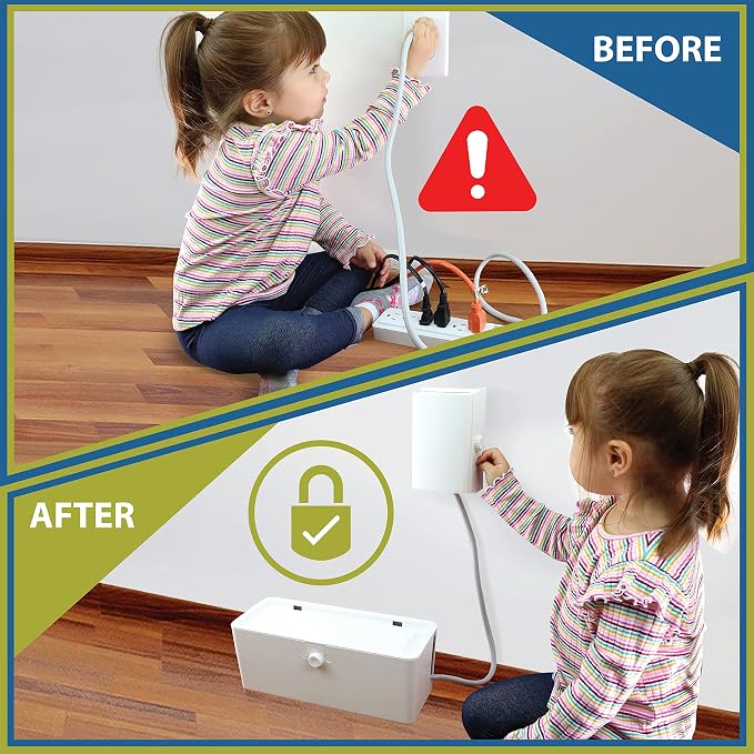 Power Strip Cover and Outlet Cover Box - Effectively Baby Proofs Power Strip on Floor or Wall, Protects Small Hands & Fingers, Cover Box and Outlet Cover Box (White-Bundle)