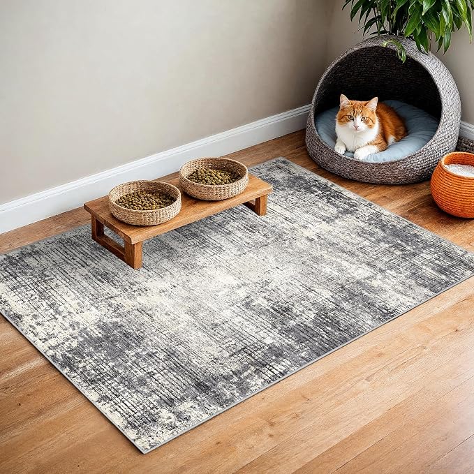 Washable Entryway 2x3 Area Rug: Small Abstract Kitchen Rugs for Indoor Bathroom Entrance Non Slip Door Mat with Rubber Backing Ultra Thin Soft Carpet for Bedroom Pet Feeding Area (Gray Beige,2x3)