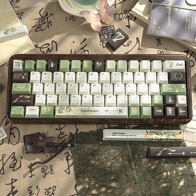 150 Keys Green PBT Keycaps, Laurel Theme Custom Keycap Cherry Profile, Dye-Sublimation Keycaps Set for 61/64/68/84/87/100/104/108 Cherry MX Mechanical Keyboards