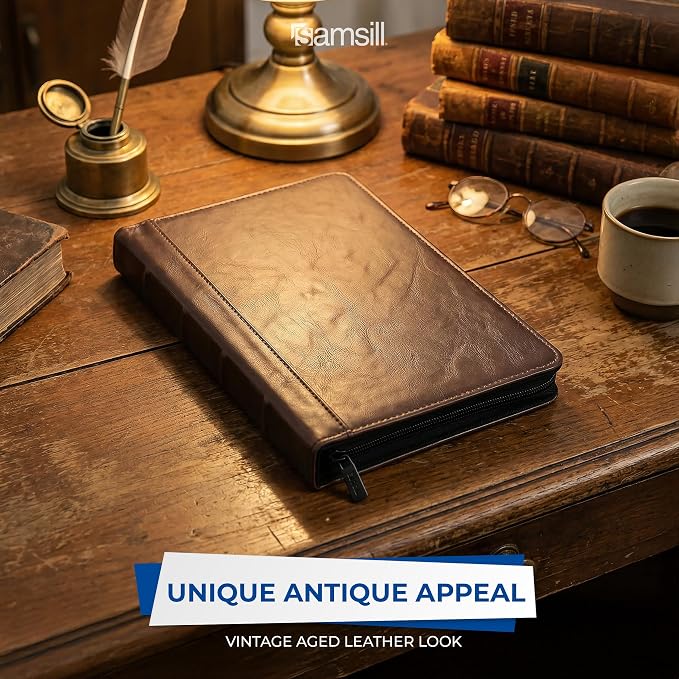 Samsill Small Vintage Portfolio/Zipper Faux Leather Portfolio, Book Style Hardback Design, Business & Interview Padfolio Organizer, Holds 5 x 8 Writing Pad, Dark Brown