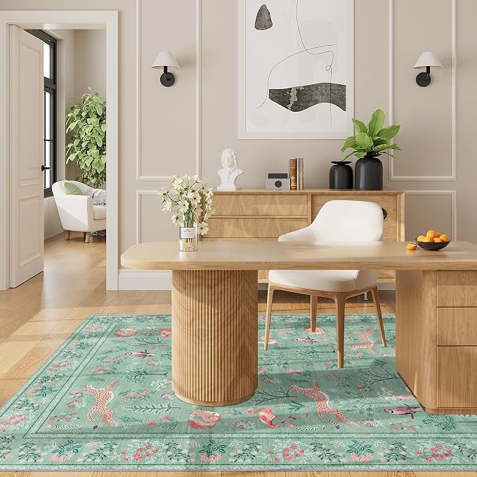 DUKINO 3x5 Rug, Washable Animal Area Rug with Non Slip Vintage Design, Indoor Soft Low Pile Carpet for Bedroom, Nursery, Dining Room, Farmhouse, Playroom, Teal