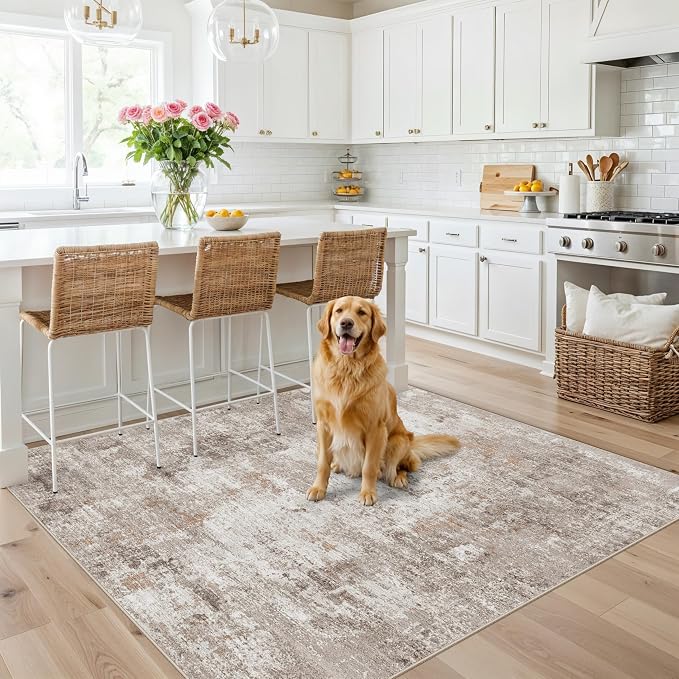 5x5 Square Entryway Rug Washable – Non-Slip Small Area Rug for Kitchen or Bathroom, Soft Low-Pile Indoor Mat, Modern Abstract Thin Door Carpet (Beige Grey)