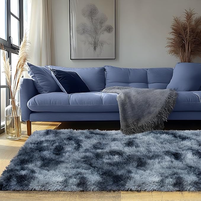Runner Rugs for Bedroom, 2x6 Fluffy Throw Area Rug Non Slip for Bedside Dorm Hallways, Long Soft Shag Carpet for Nursery Living Room, Blue Grey