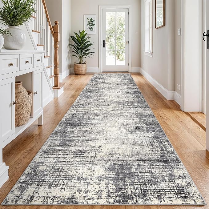 3x12 Hallway Washable Runner Rug - Non-Slip Kitchen Rugs with Rubber Backing Abstract Neutral Low-Pile Carpet Runners for Laundry Room Home Decor Bedroom Bathroom Entryway (Gray Beige,3x12)