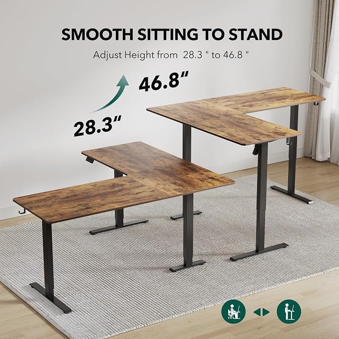 FEZIBO 63" x 55"L Shaped Standing Desk Adjustable Height, Electric Stand up Corner Computer Desk, Sit Stand Home Office Desk with Splice Board, Vintage-Brown