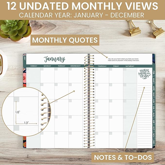 bloom daily planners UNDATED Calendar Year Day Planner - Passion/Goal Organizer - Start Anytime Monthly/Weekly Agenda Book with Tabs (January to December) - 5.5" x 8.25" - Poppy Meadow, Blue