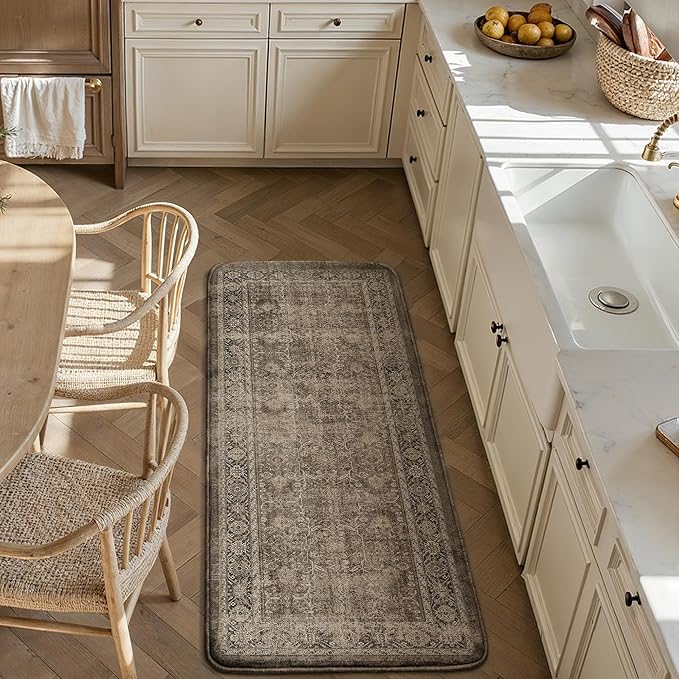 PureCozy Kitchen Mats 2PCS Anti Fatigue Cushioned Mat Brown Vintage Kitchen Mats for Floor Waterproof Non Slip Comfort Standing Distressed Rug for Sink Laundry Office 17.3"x47"+17.3"x30"