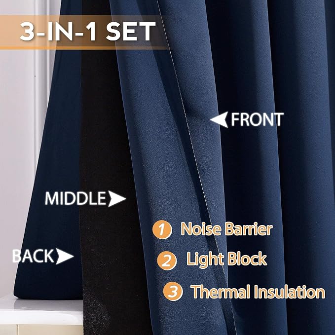 RYB HOME Noise Reduce Blackout Energy Efficiency 3-in-1 Set Solid Window Curtains for Bedroom Living Room Wall Panels Patio Door, 52 inch Wide x 63 inch Long, Navy Blue, 2 Pcs