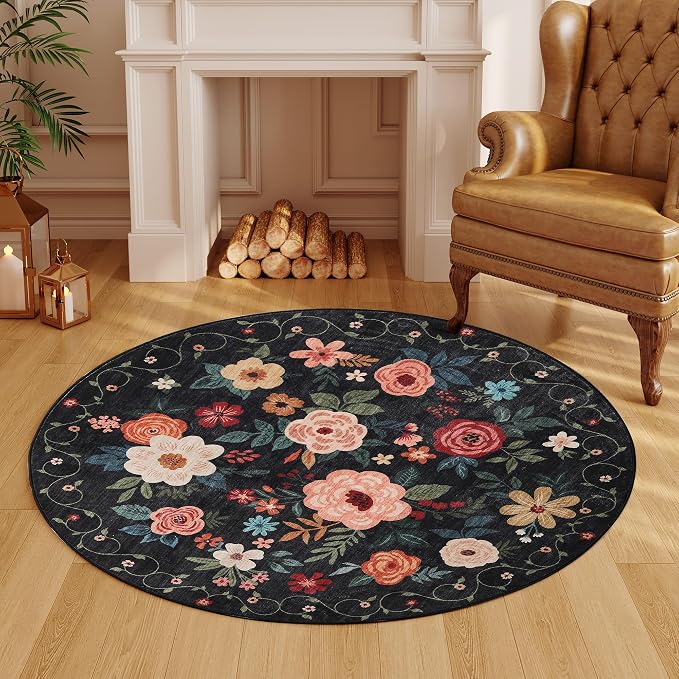 DUKINO Floral Round Rug, 4ft Washable Round Area Rug, Non Slip Indoor Low Pile Circle Rug, Soft Small Boho Design Circle Rug for Bedroom, Entryway, Living Room, Dining Room,Black