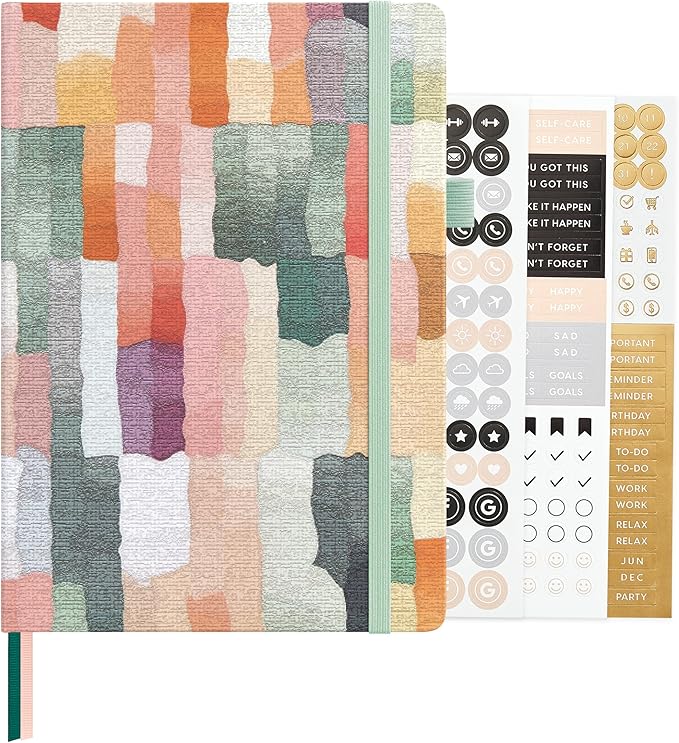 &And Per Se Dotted Journal Notebook, A5 Hardcover Aesthetic Dotted Notebook – 160 Pages 100gsm Thick Dot Grid Paper, 3 Sticker Sheets – Gift-Ready Journaling Kit for Women (Colorful Stripes)