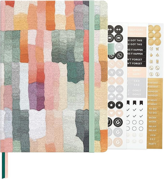 &And Per Se Dotted Journal Notebook, A5 Hardcover Aesthetic Dotted Notebook – 160 Pages 100gsm Thick Dot Grid Paper, 3 Sticker Sheets – Gift-Ready Journaling Kit for Women (Colorful Stripes)