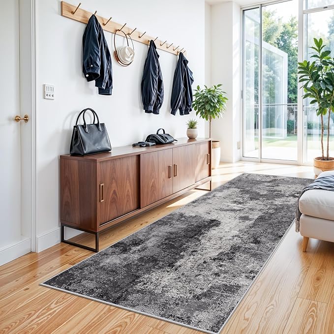 Abstract Kitchen Runner Rug 3x8: Washable Non Slip Carpet Runner for Hallway Bedroom Laundry - Low Pile Ultra Thin Modern Entryway Throw Carpet - Soft Boho Floor Mat for Home Decor (3X8 Black-Grey)