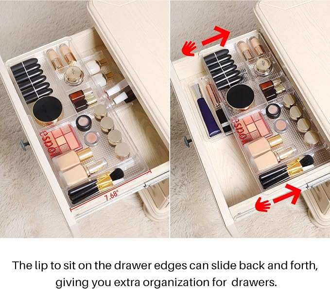 Oubonun Expandable Drawer Organizer 11.1” to 19.2” Width, Shallow Cosmetic Organizer 1.3” Height, 2 Packs, Clear Plastic Storage Trays for Dressing Table,Bathroom