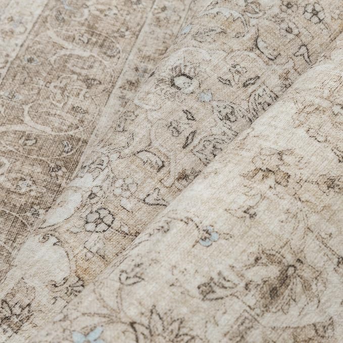 PureCozy Beige Area Rug 2x3 Washable Vintage Entryway Carpet Low Pile Non Slip Distressed Door Mat Soft Traditional Retro Oriental Small Accent Throw Rug for Kitchen Bedroom Office Bathroom Laundry