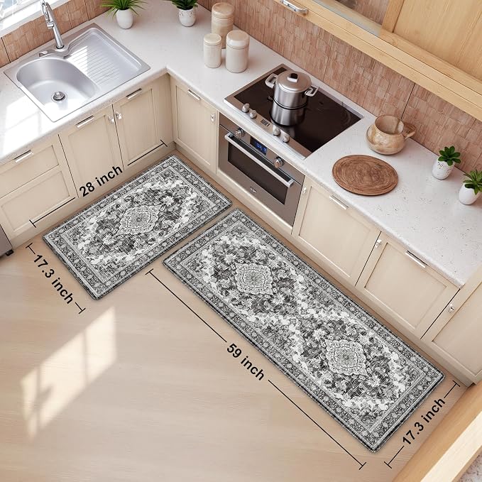 Boho Kitchen Mats for Floor 2 Piece Set Anti Fatigue Cushioned PVC Kitchen Rugs Non Slip Waterproof Farmhouse Mats 2/5 Inch Comfort Standing Mat for Sink, Laundry, 17.3"x59"+17.3"x28", Dark Grey