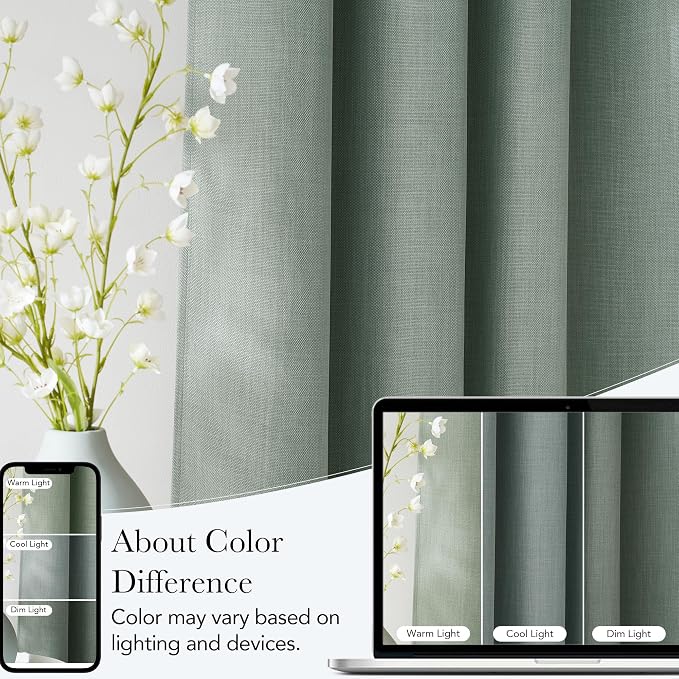 NICETOWN Sage Green Faux Linen Room Darkening Rod Pocket Curtains 63 inch Length, W42 x L63, Light Blocking Thermal Insulated Noise Reducing Drapes for Bedroom Living Room Farmhouse Decor, 2 Panels