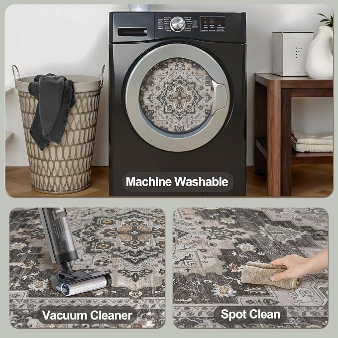 Tangsoo 6x9 Washable Area Rugs for Living Room, Vintage Indoor Non Slip Large Area Rugs, Oriental Print Carpet, Soft Boho Low Pile Rug Foldable Floor Rug for Bedroom Dining Room Home Decor Grey/Taupe