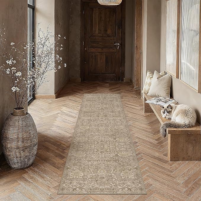 HUGEAR 2x8 Runner Rug Hallway Light Brown Machine Washable Vintage Floral Low Pile Carpet Vacuumable Distressed Long Throw Rug Bedroom Office Bathroom Kitchen Laundry Non Slip Soft Lightweight